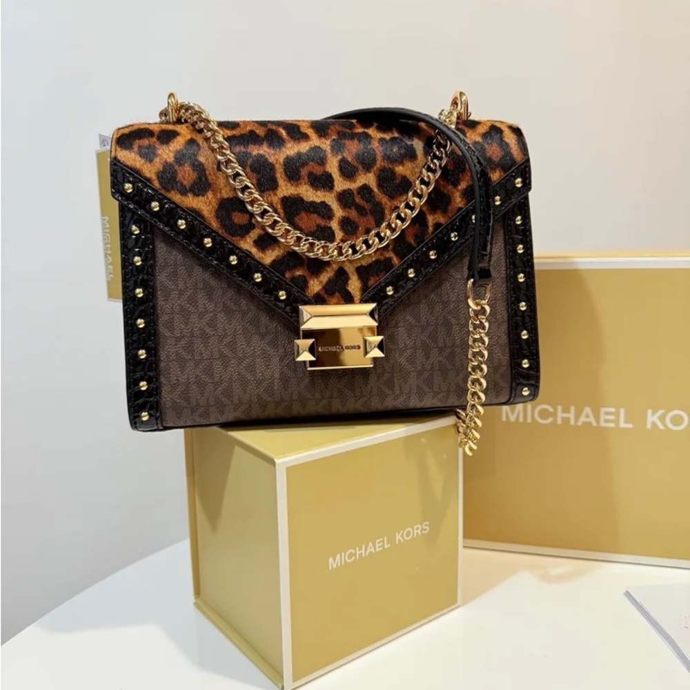 Michael Kors Leopard and Brown Shoulder Bag with Gold Chain